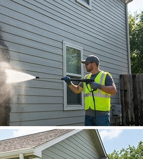 Pressure washing service cleaning an exterior surface